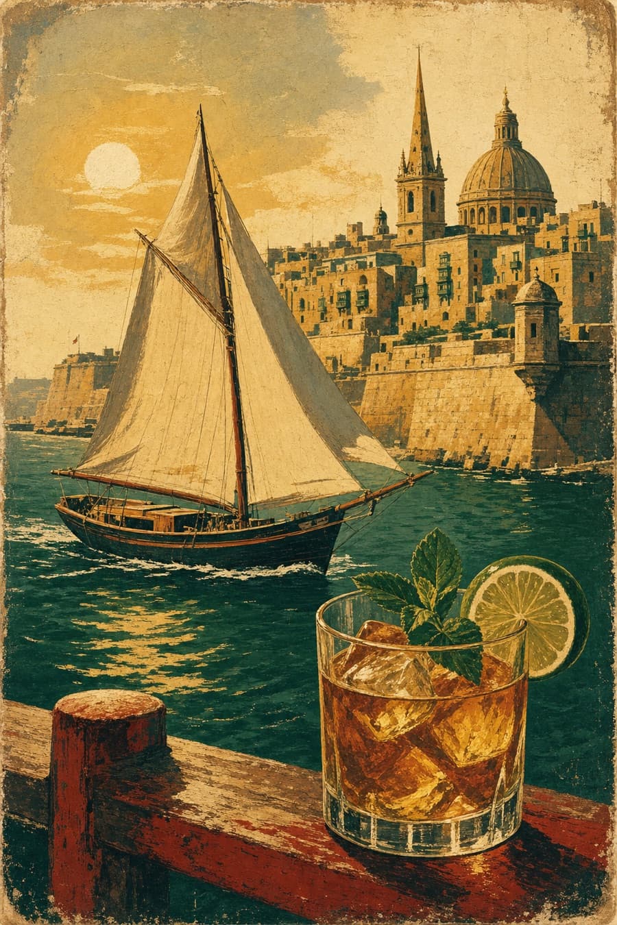 Hand-painted poster: a sailboat glides into Valletta's Grand Harbour at golden hour, a glass of rum in the foreground